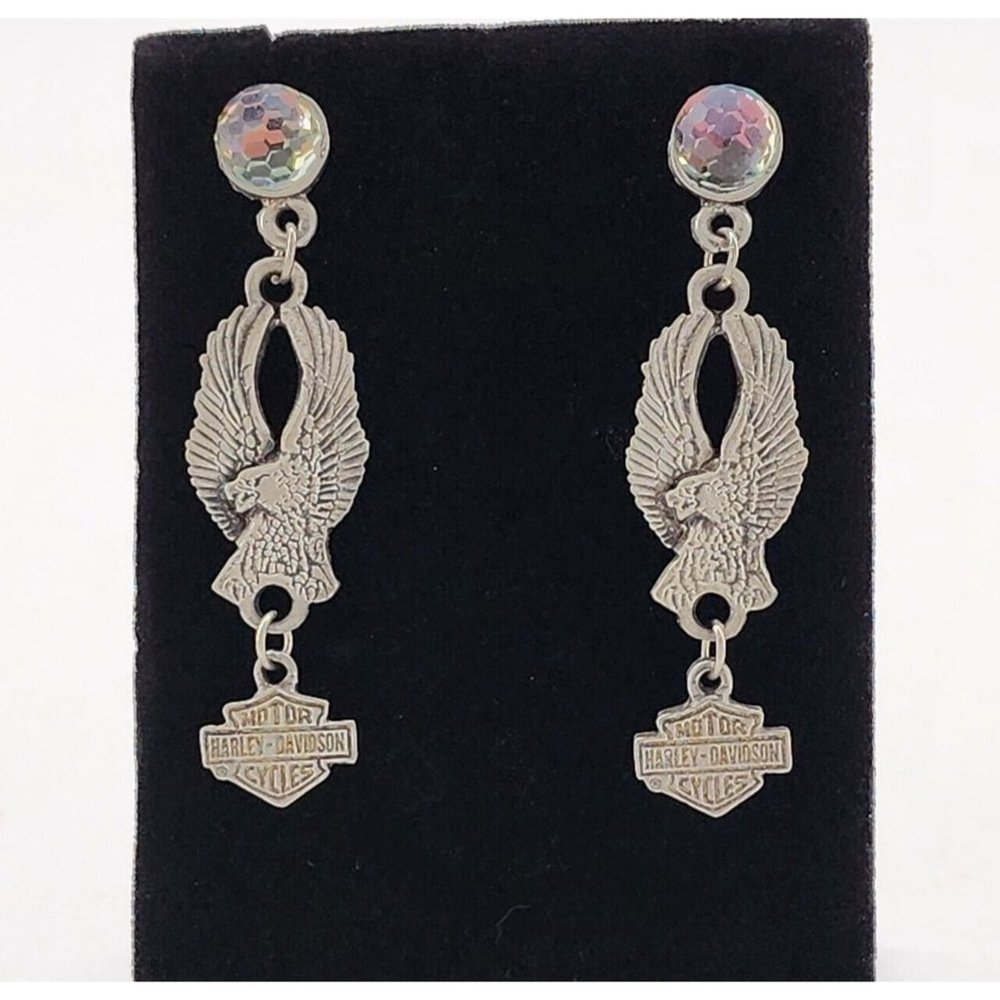 Harley Davidson Silver Tone Eagle Holding Shield Logo Dangle Stud Earrings